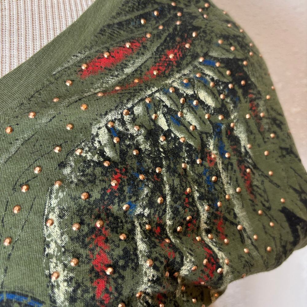 Harley Davidson Womens Shirt Olive Green Rhinestone Studded Wings M - Picture 7 of 7